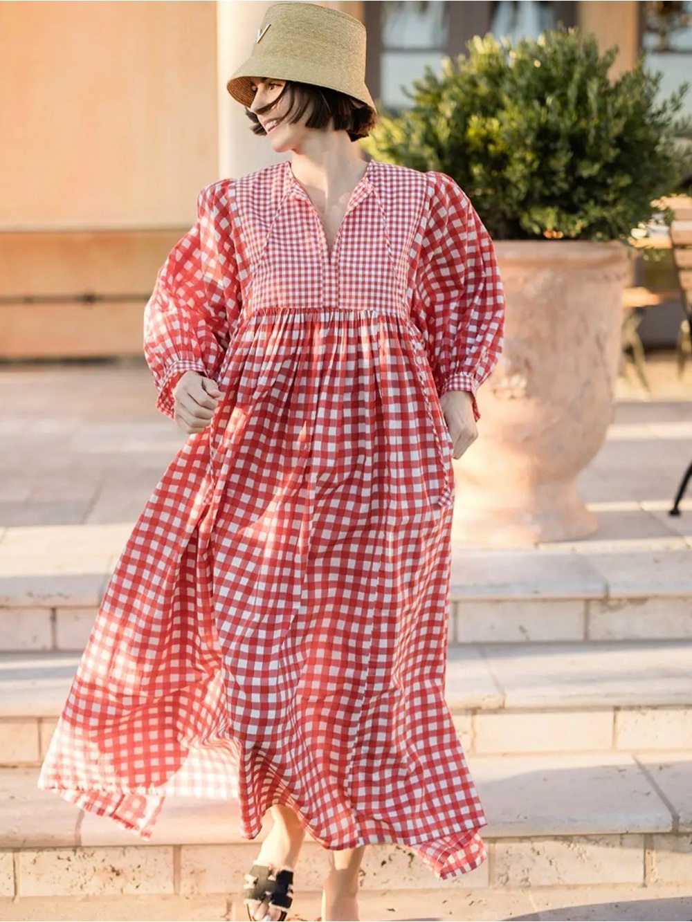 Maison Marigold taj gingham Red & White maxi Dress with Blue Floral Print